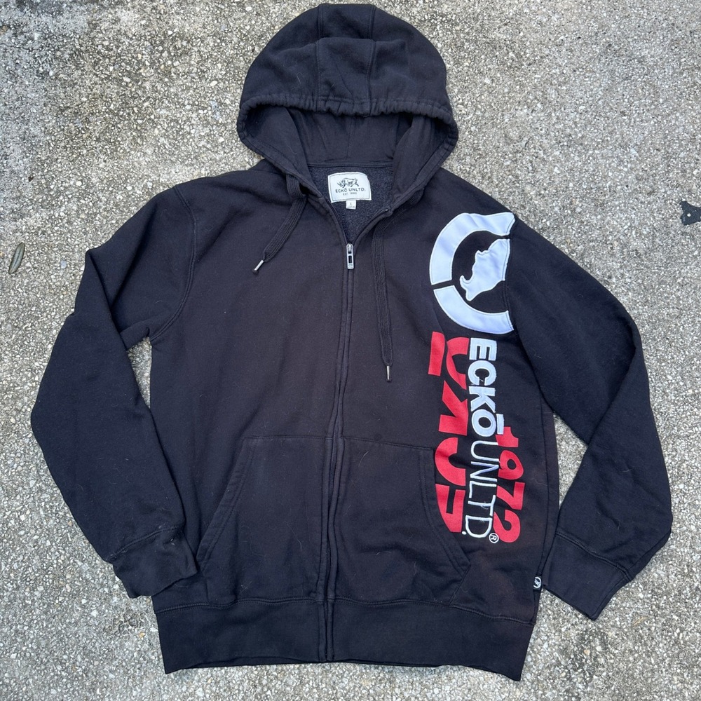Ecko Unltd Mens Full Zip Hoodie Black Graphic Rhino Logo Sweatshirt Large